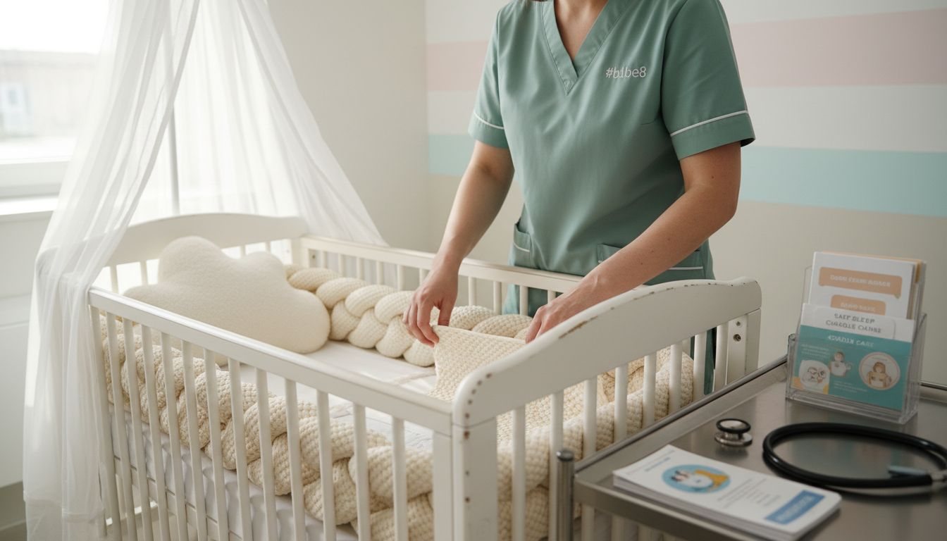 Nurse demonstrating safe mesh crib liner use