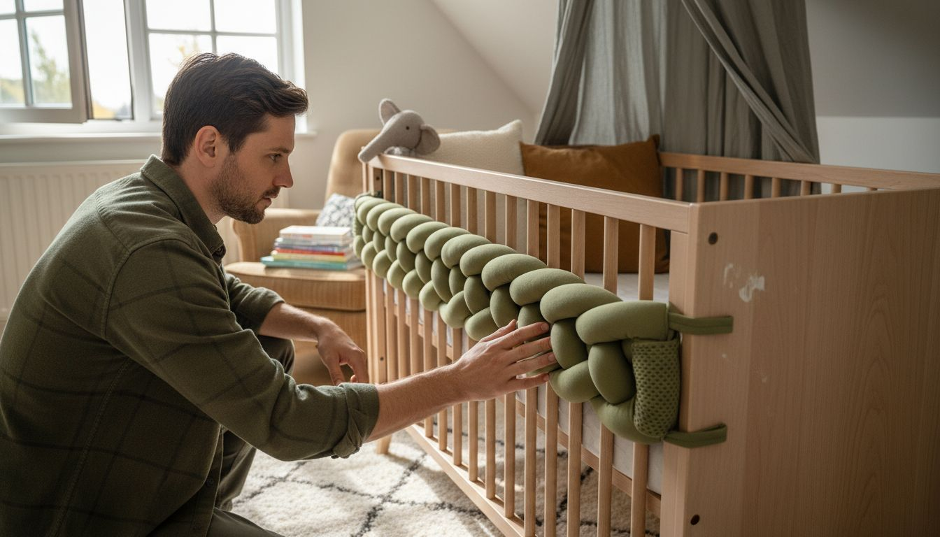 Father checking mesh crib barrier in nursery