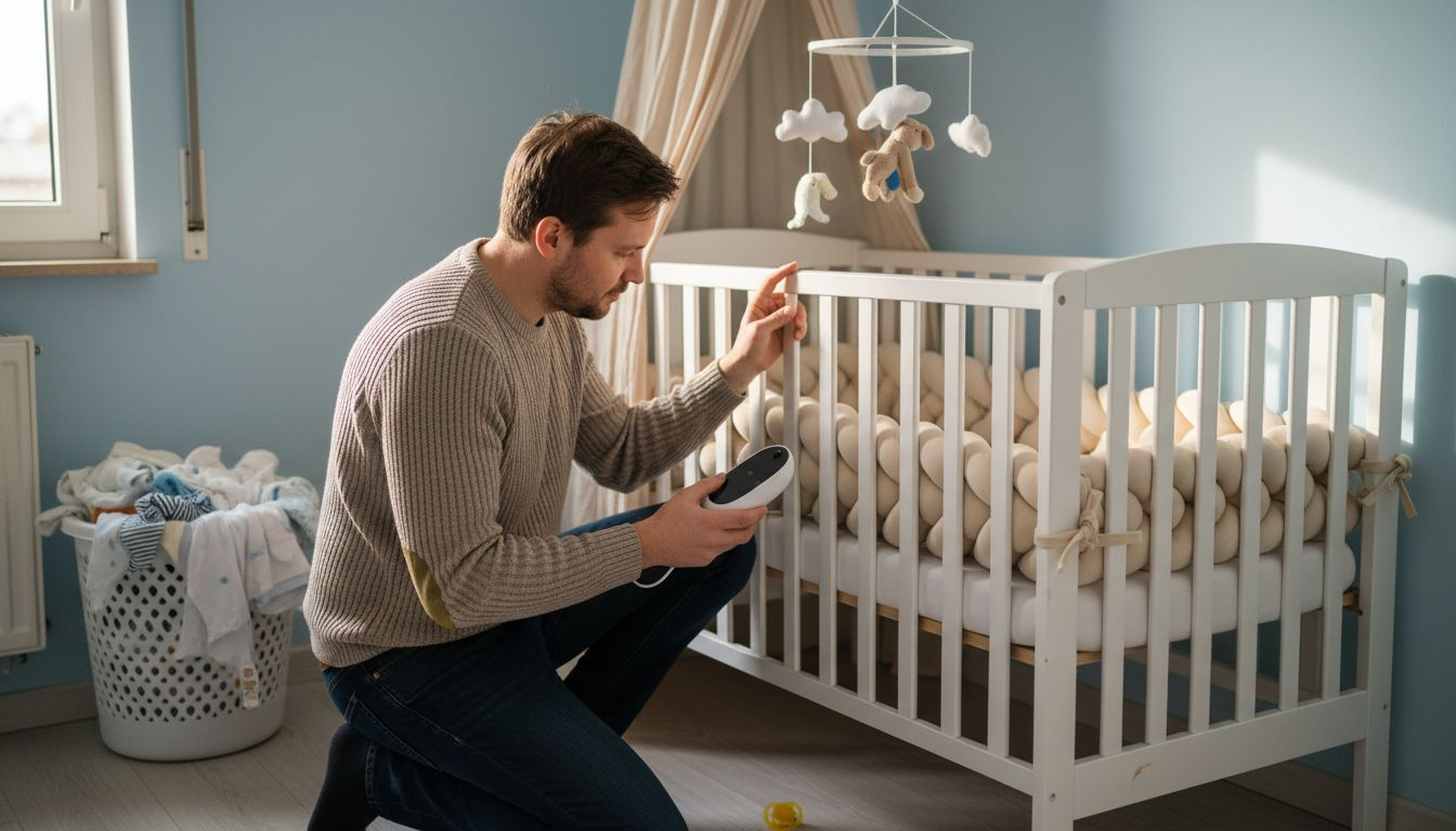 Parent checking crib for entrapment hazards
