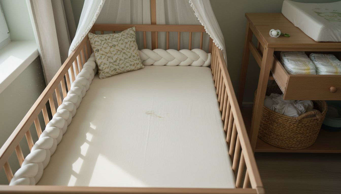 Closeup firm crib mattress with fitted sheet