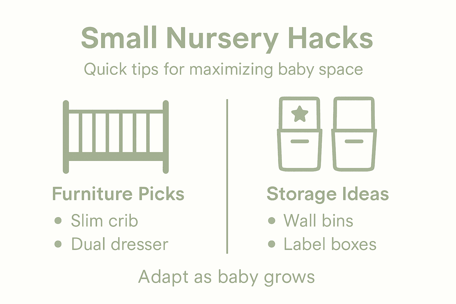 Infographic shows small nursery furniture and storage tips
