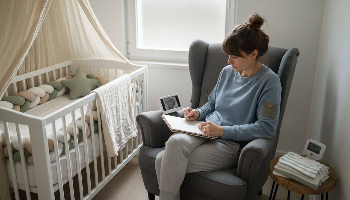 Parent watching monitor in baby nursery