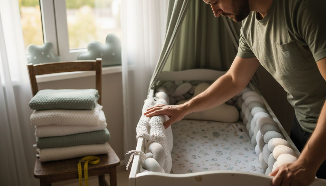 Father inspecting crib rail cover material