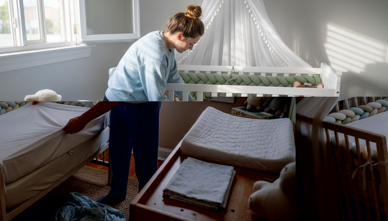 Father changing crib sheet everyday supplies