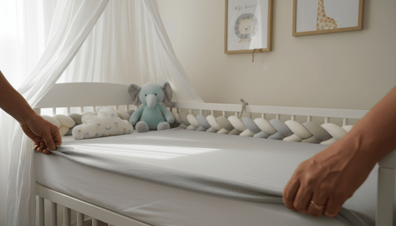 Hands stretching soft jersey knit crib sheet