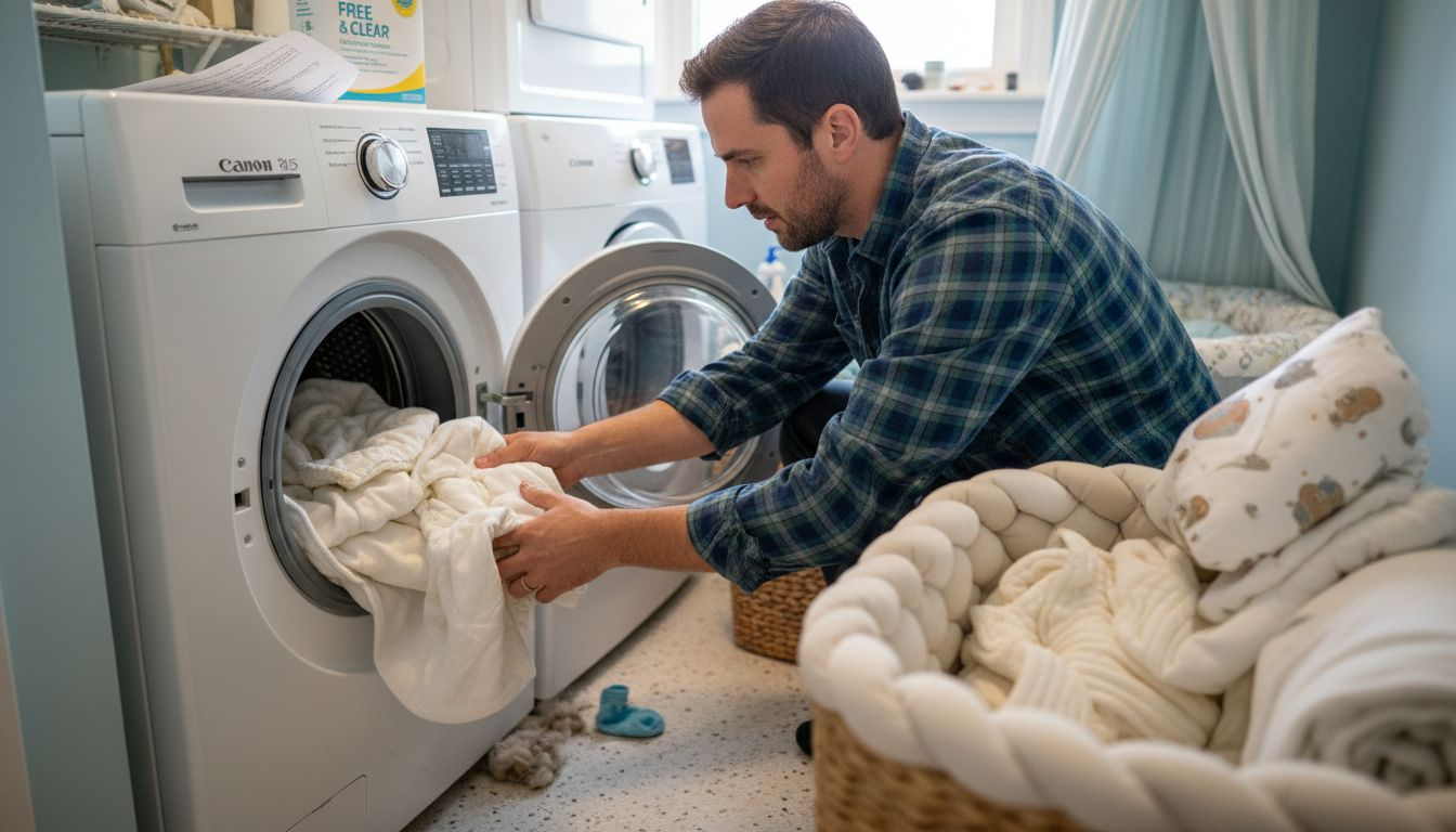 Father loading baby bedding into washing machine