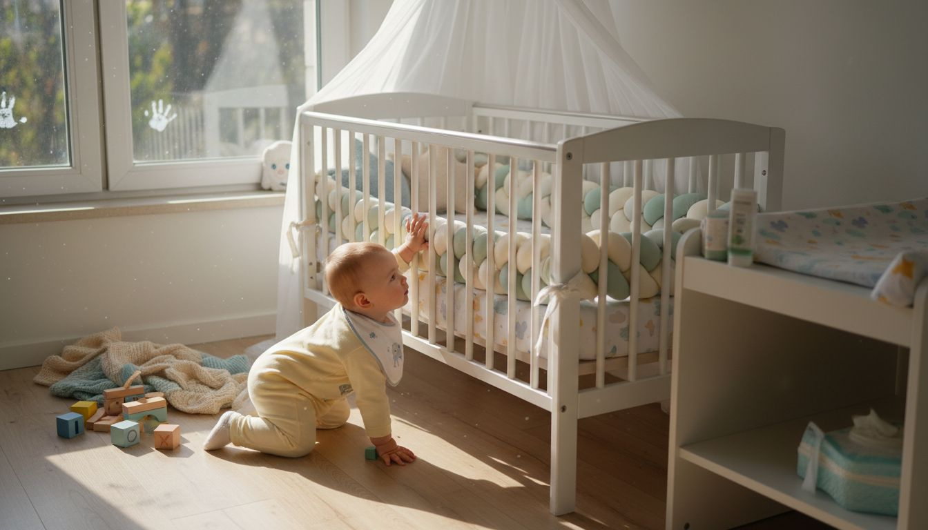 Baby reaching for crib side rail
