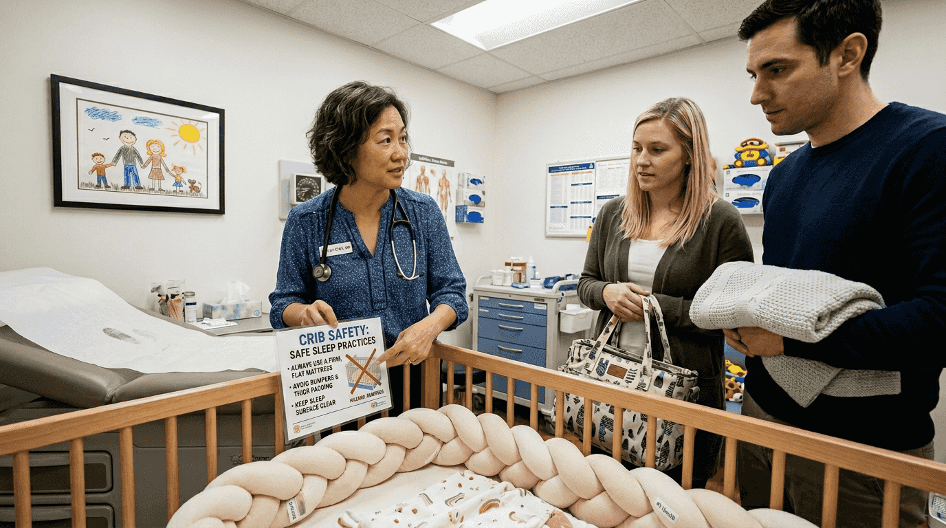 Doctor explaining crib bumper risks to parents
