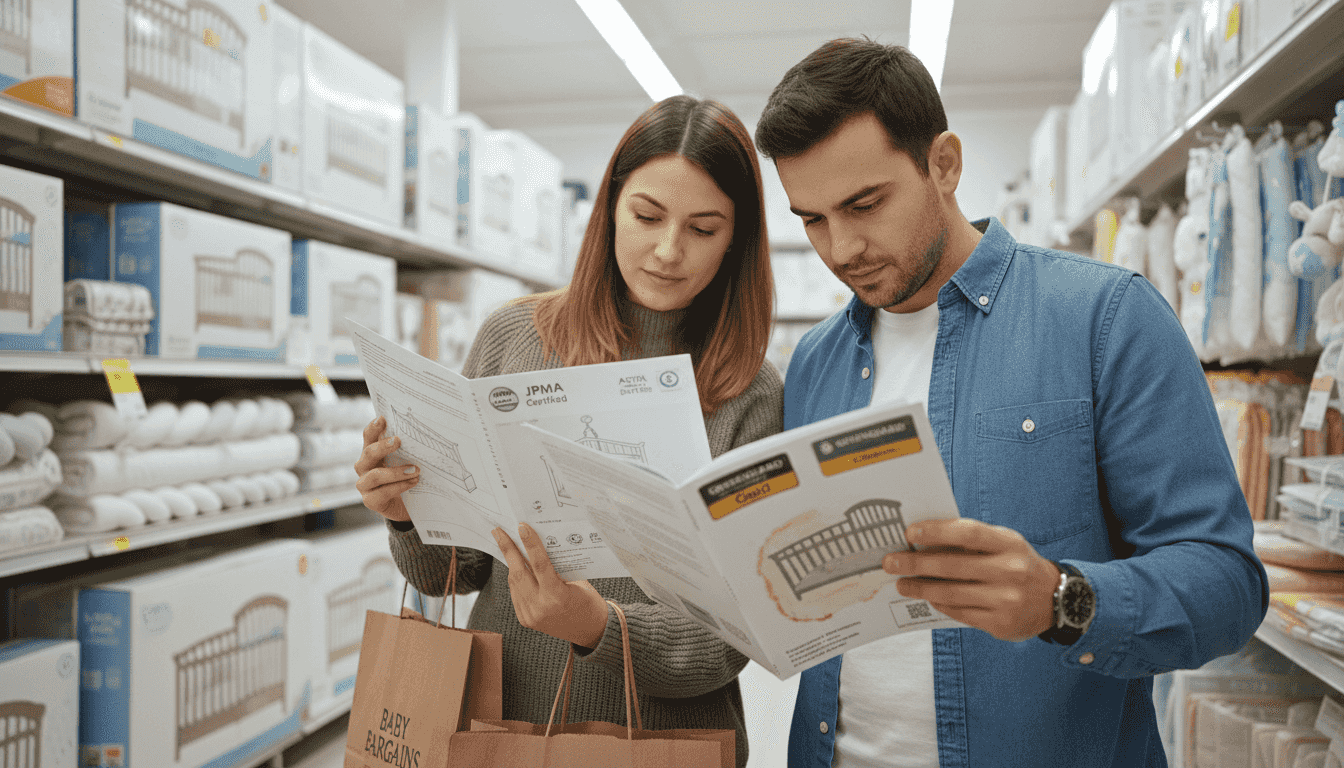 Couple comparing crib certification manuals in store