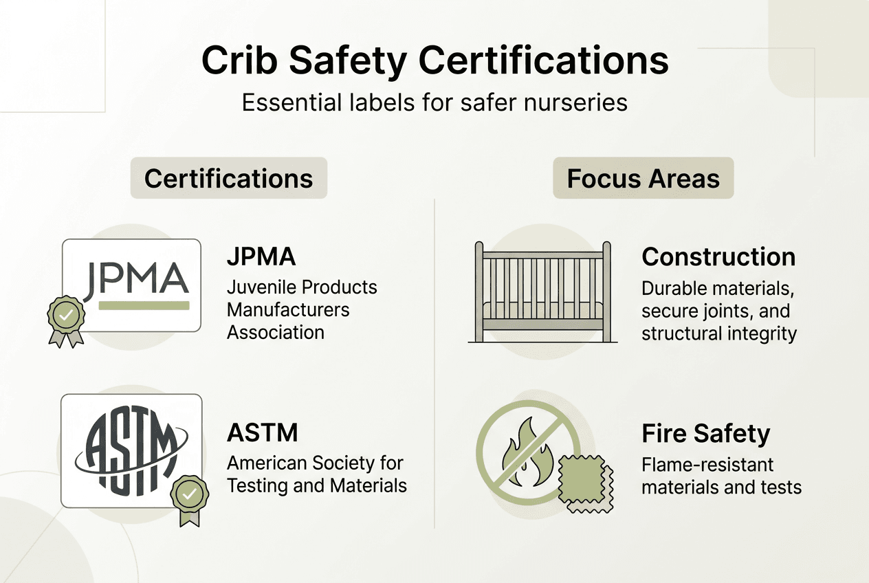 Infographic showing crib safety certifications and focus areas