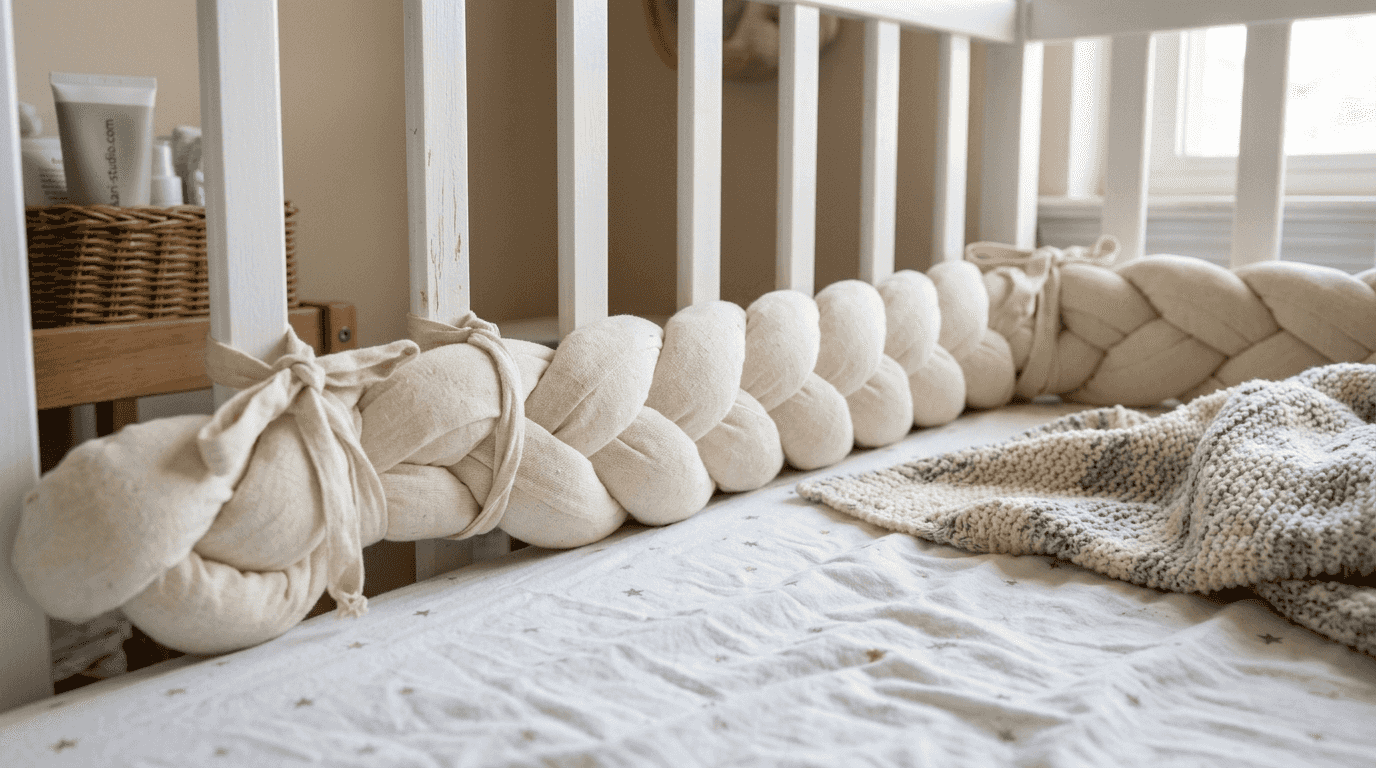 Close-up of braided bumper secured to crib