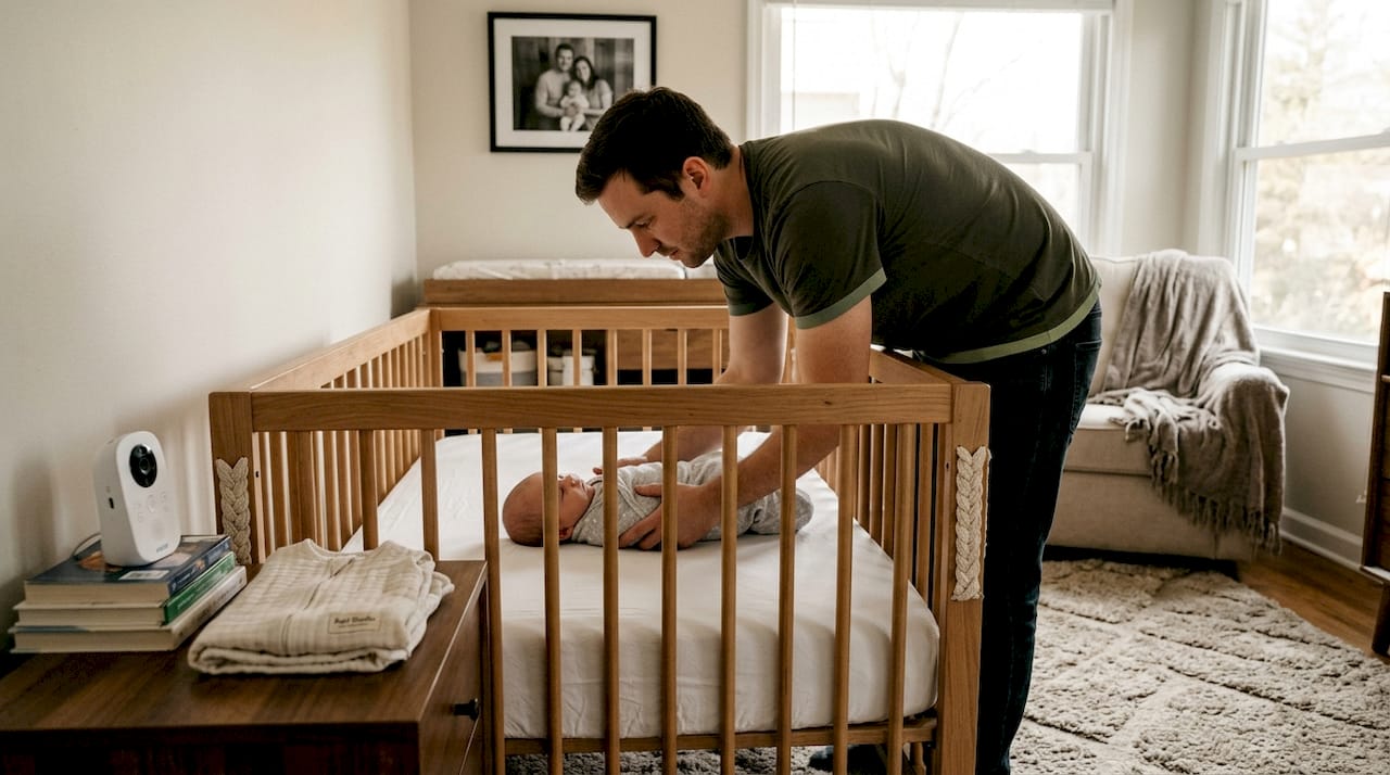 Baby placed safely on crib mattress