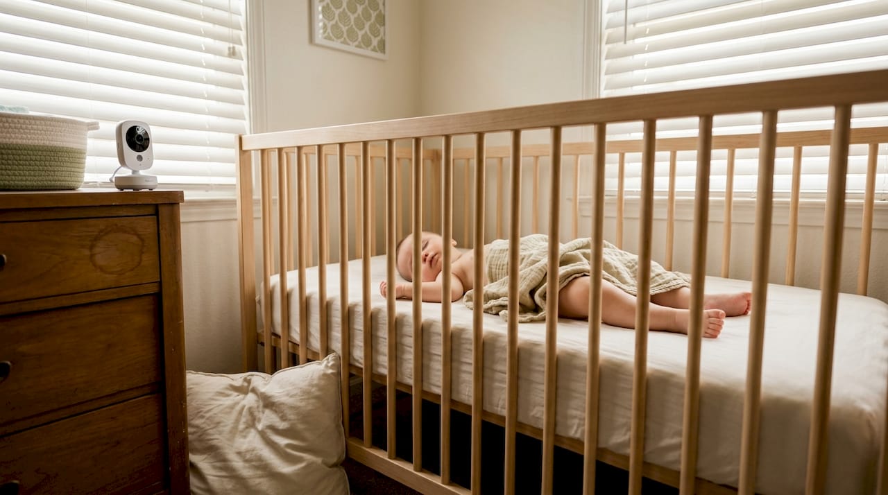 Baby sleeping in breathable organic crib bedding