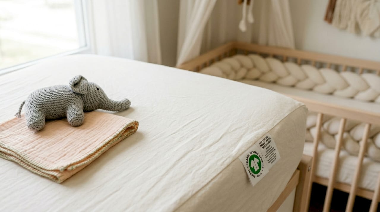 Detail of organic cotton crib sheet in nursery