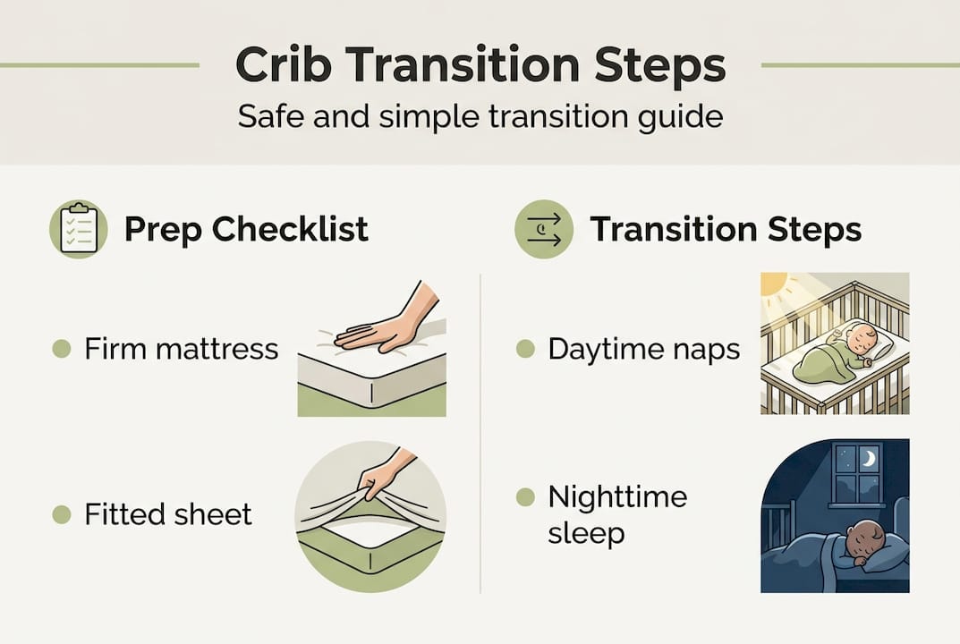 Infographic showing crib transition steps and checklist