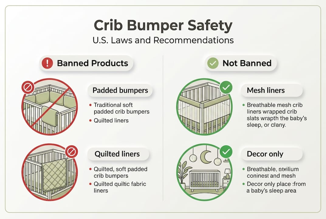 Infographic showing crib bumper laws and advice