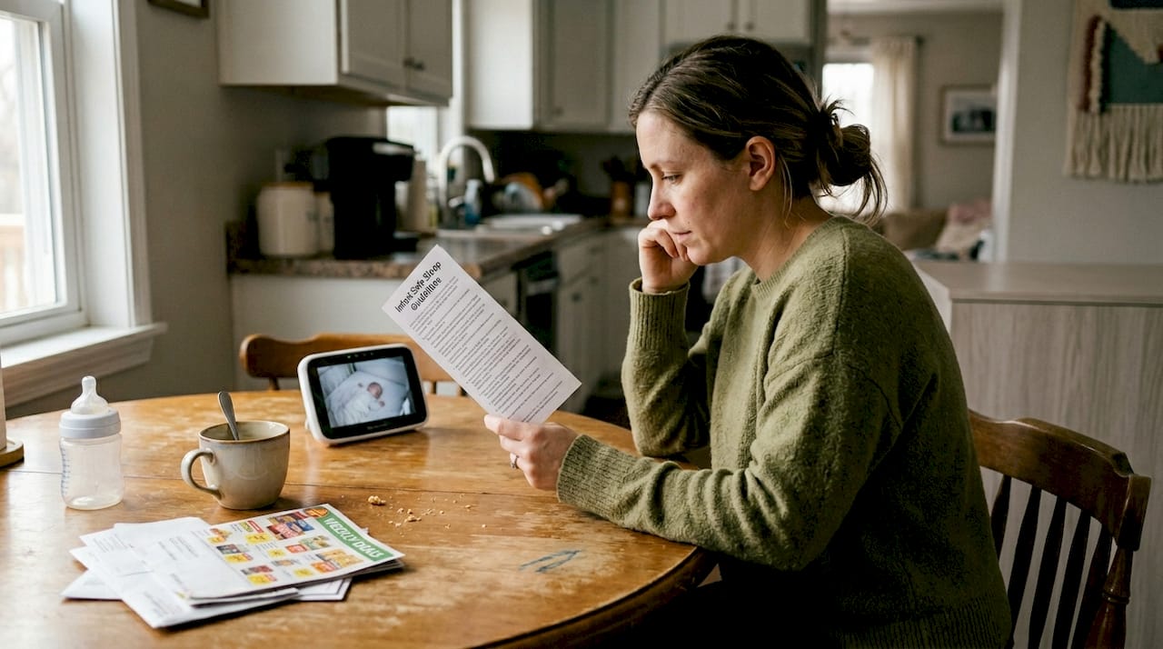 Mother reading crib safety sheet at table