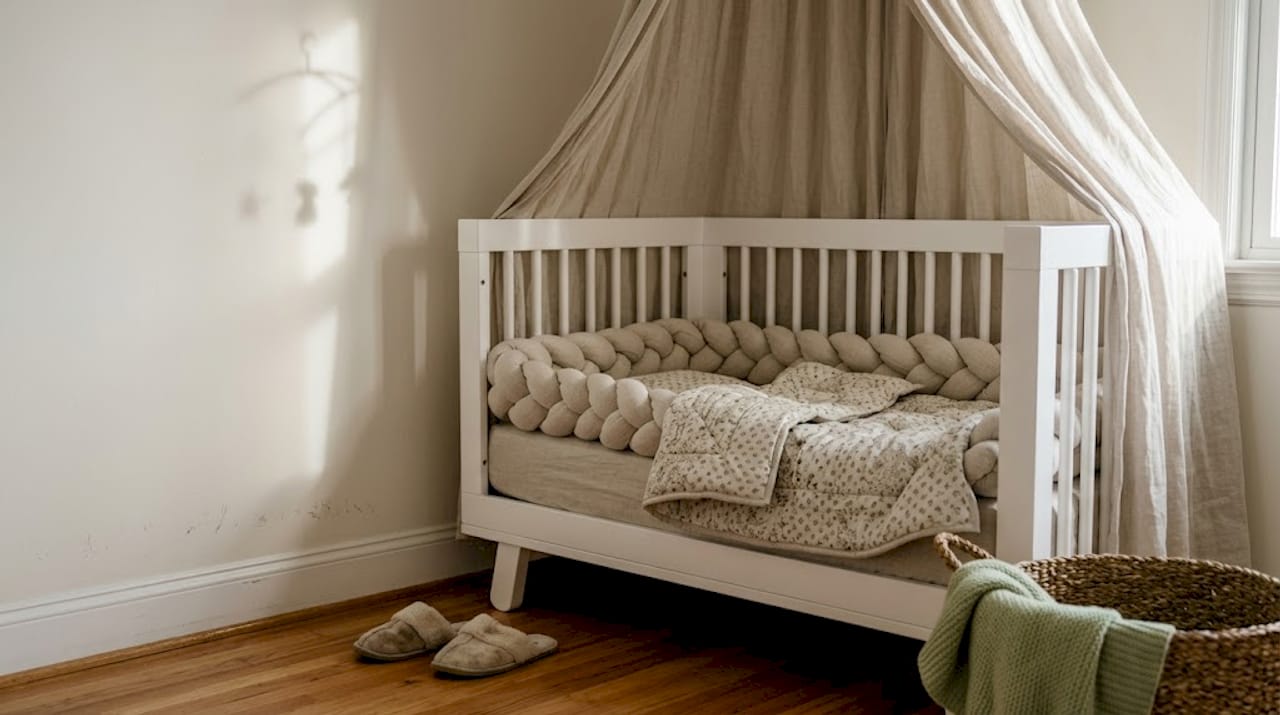 Crib with canopy in tidy nursery corner