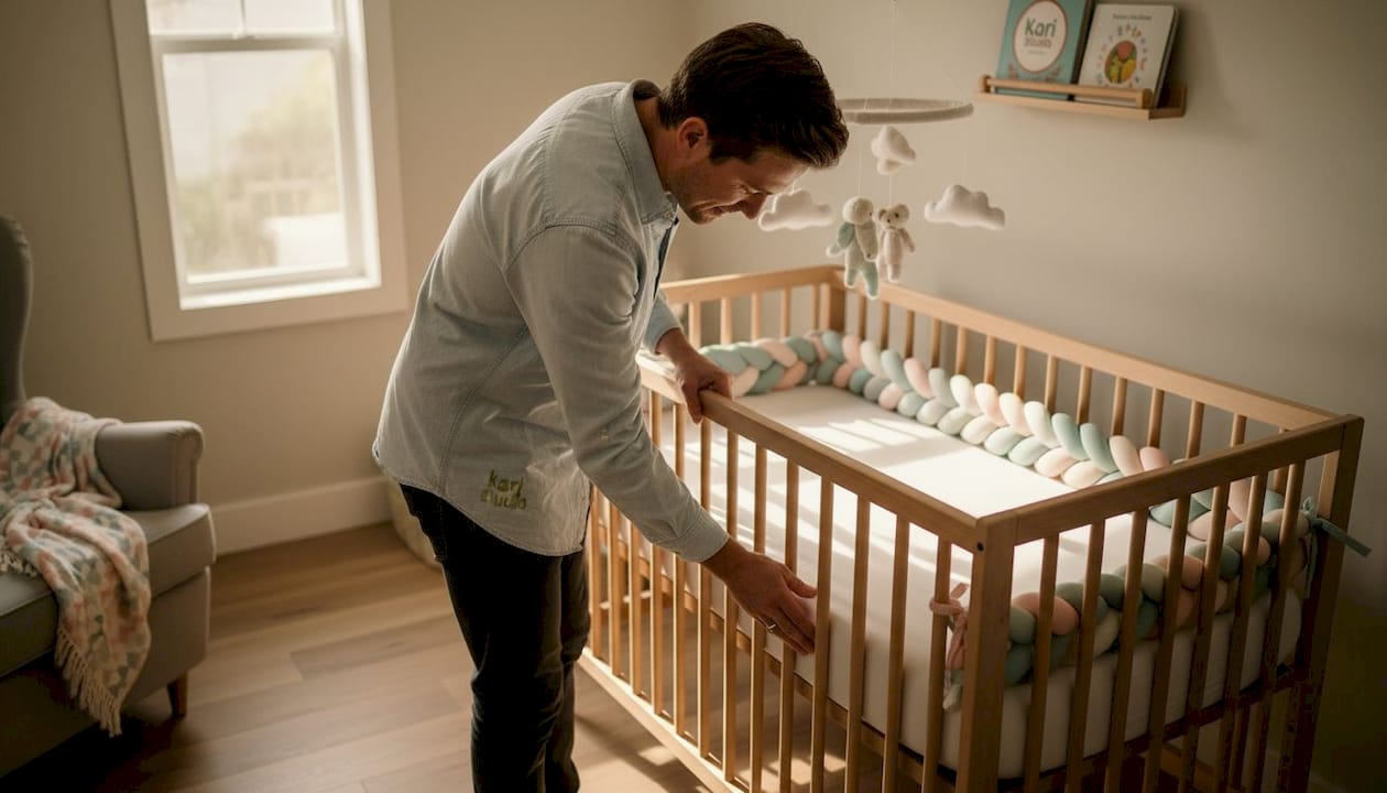 Father checking crib mattress fit safety