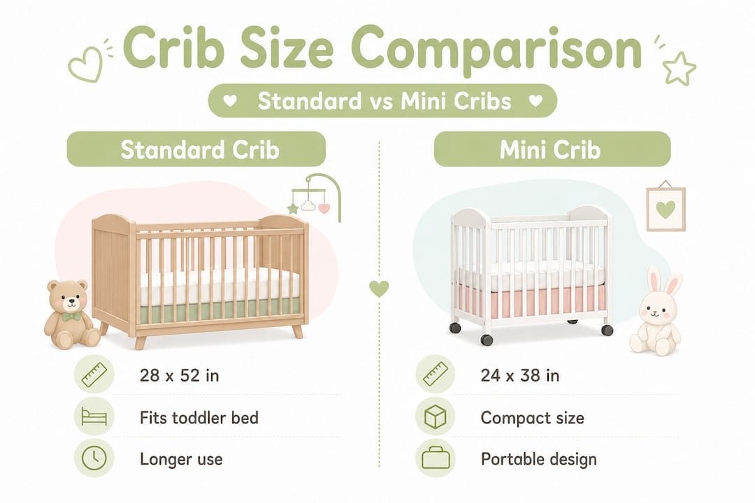 Infographic comparing standard and mini crib sizes