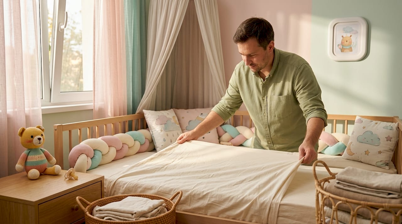 Father putting fresh cotton crib sheet on mattress
