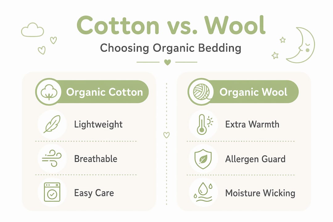 Infographic comparing organic cotton and wool baby bedding