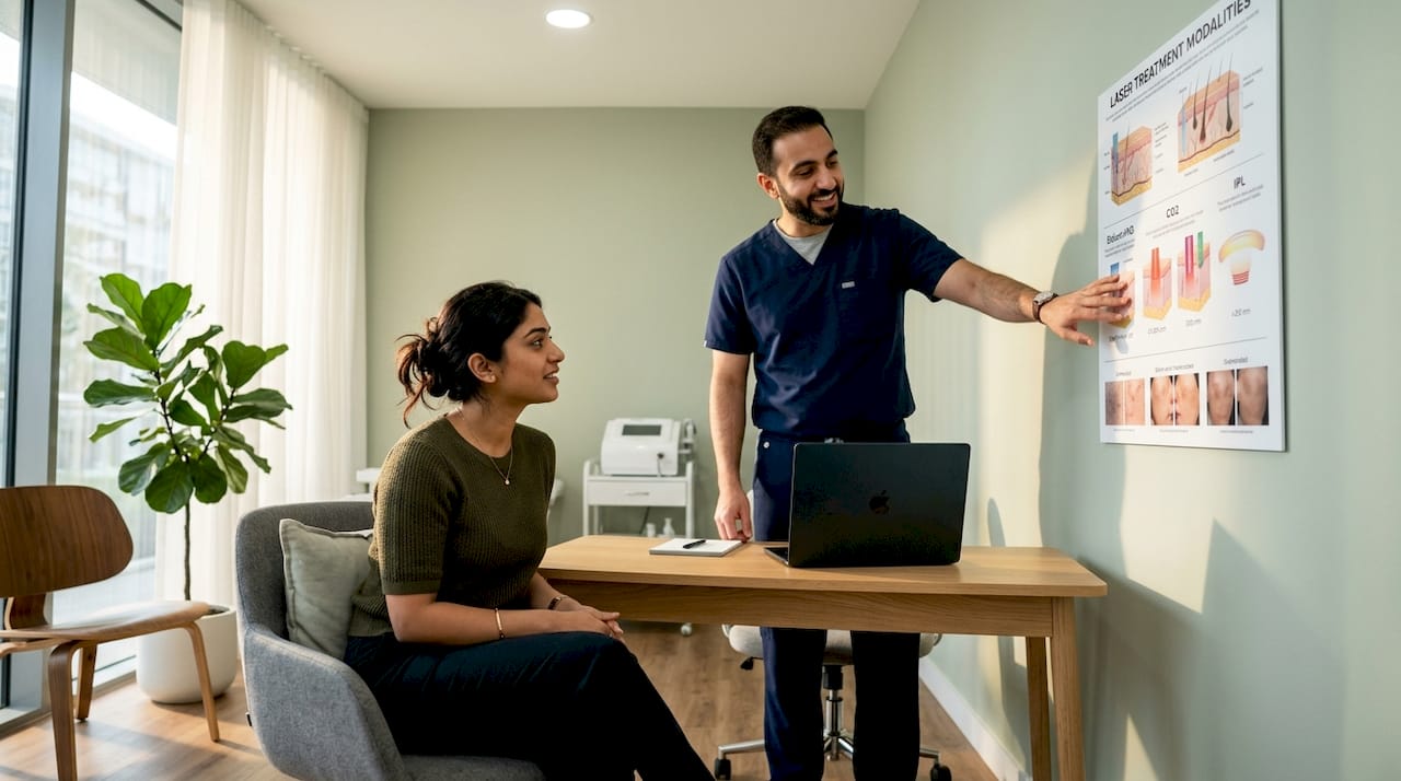 Dermatologist consulting patient on laser wavelengths