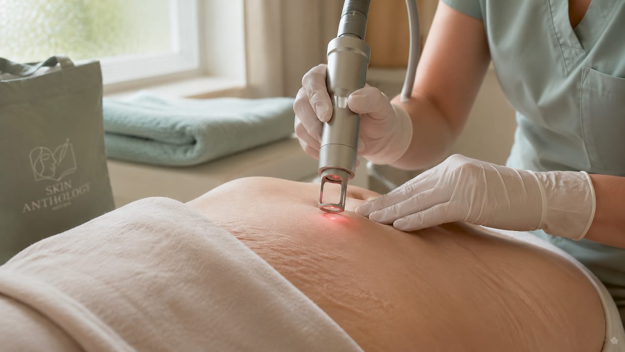 Close-up of CO2 laser treating stretch marks on skin
