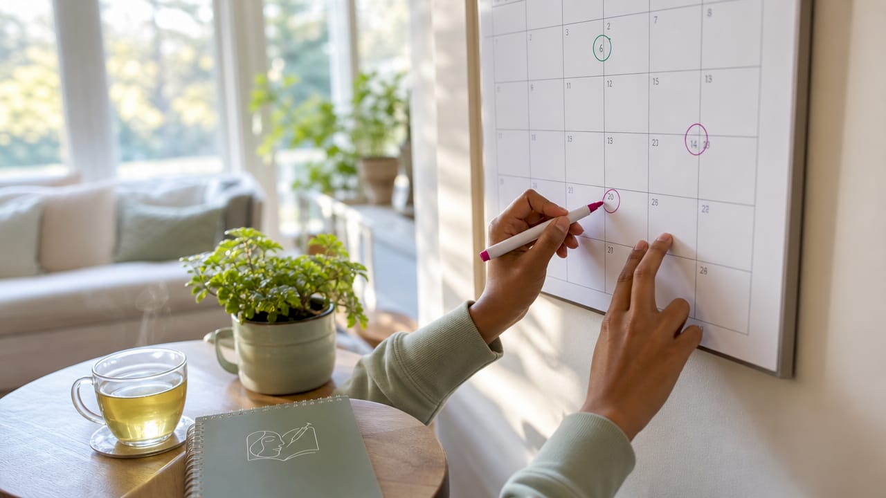 Hands marking laser treatment sessions on calendar