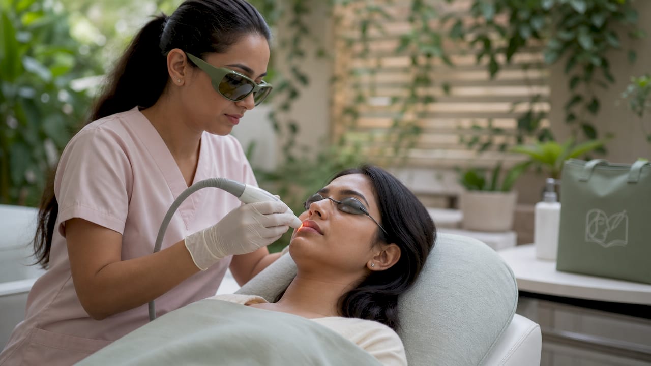 Practitioner performing facial laser hair removal