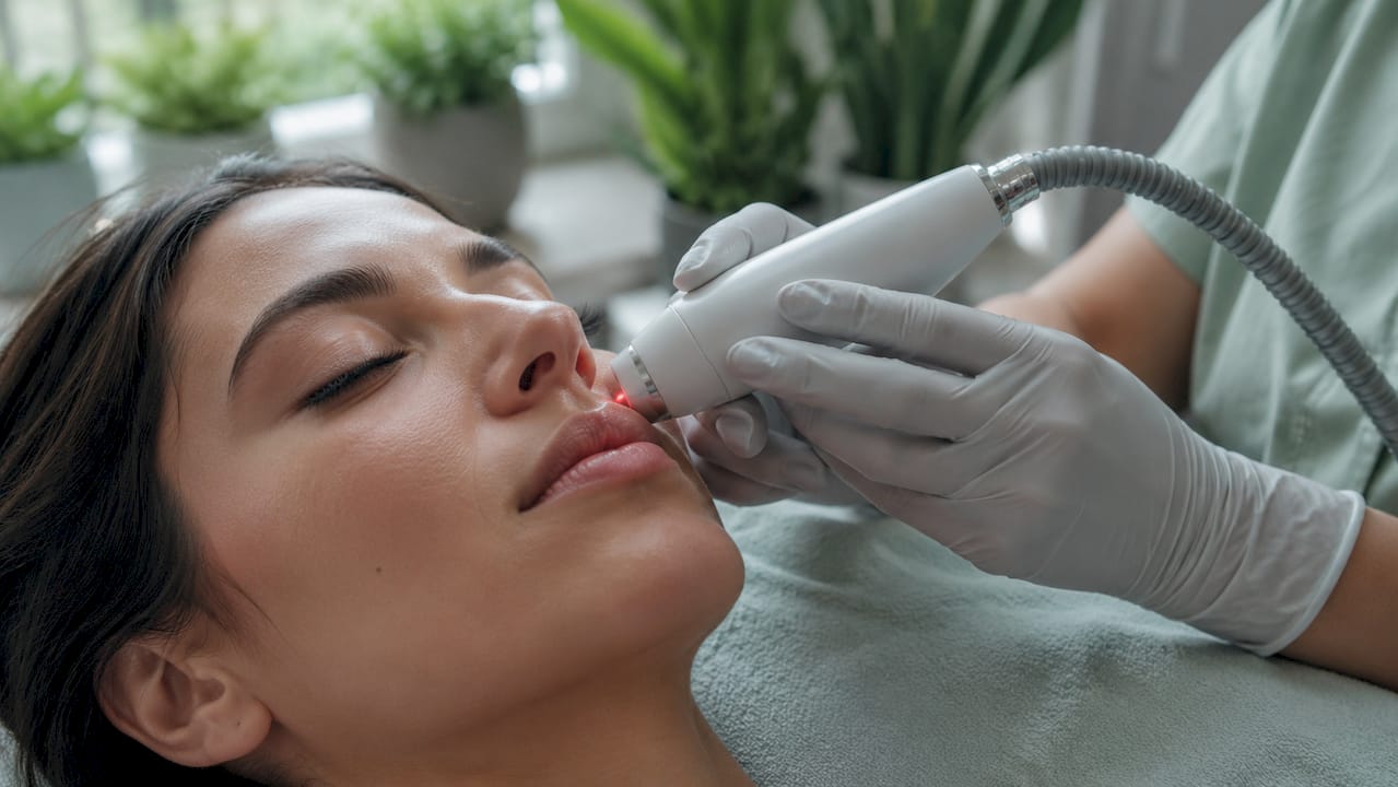 Close-up laser targeting upper lip hair
