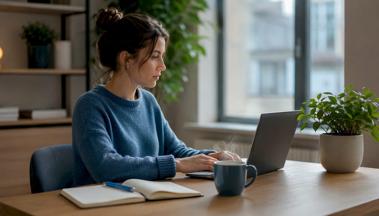 Une femme en pleine séance de travail sur son ordinateur portable, utilisant Slack pour échanger avec son équipe.