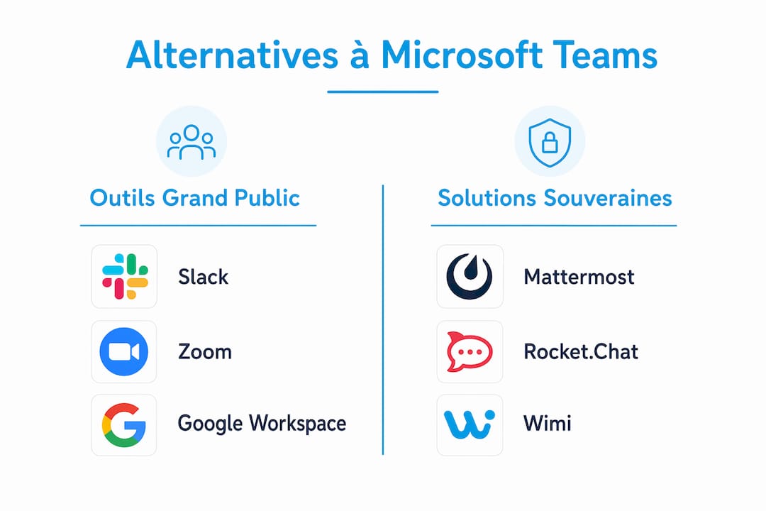 Comparatif visuel des principales alternatives à Teams, présenté en deux grandes catégories