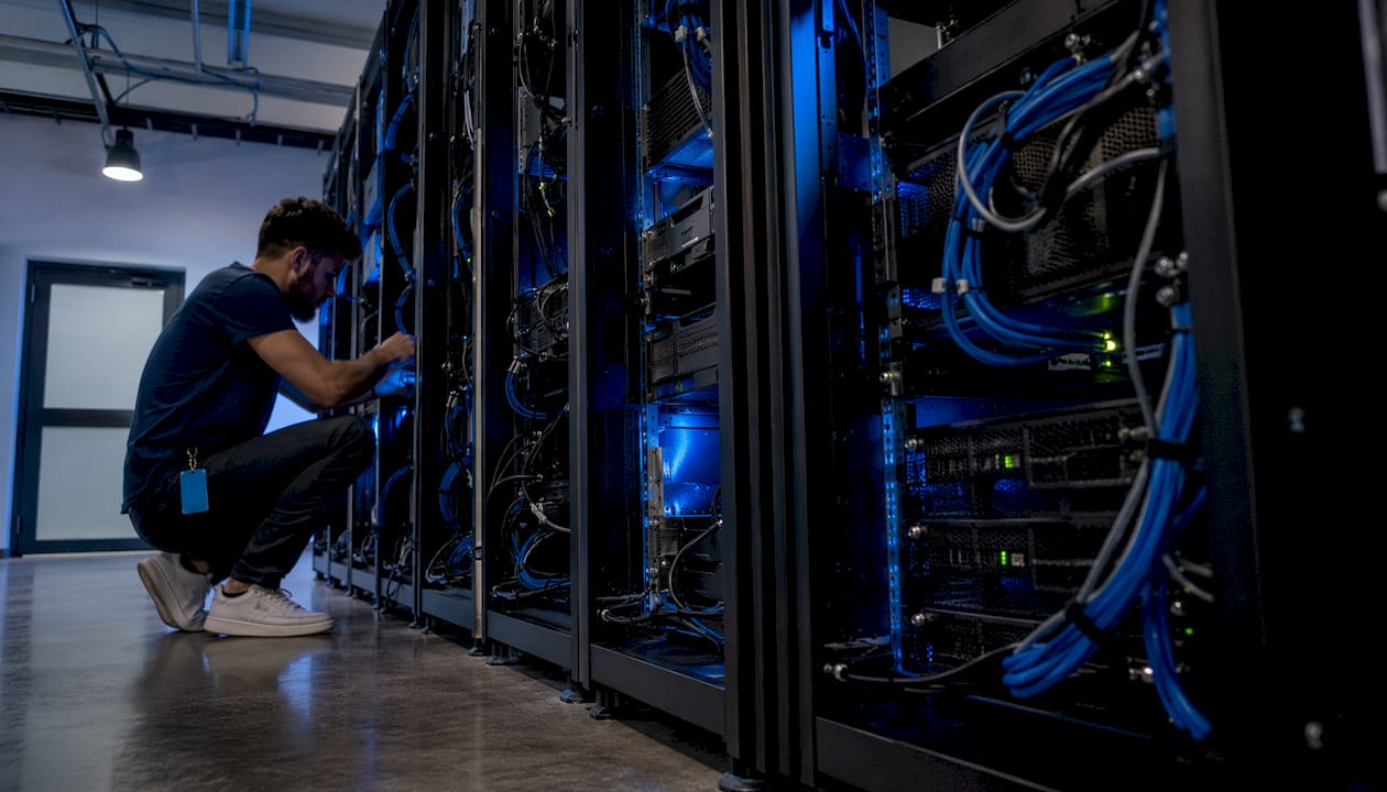 Baie de serveurs installée dans une salle informatique hautement sécurisée