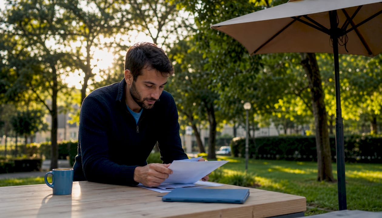 Un professionnel en pleine réunion, concentré sur ses dossiers et son ordinateur portable.
