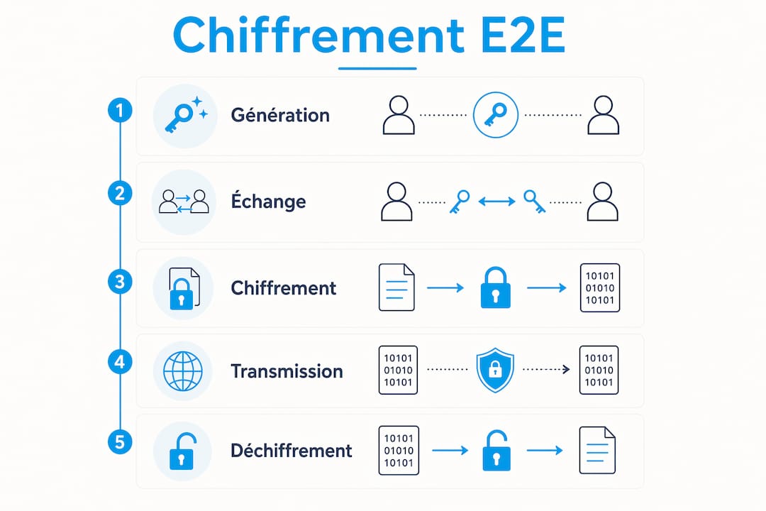 Présentation visuelle des différentes étapes du chiffrement de bout en bout