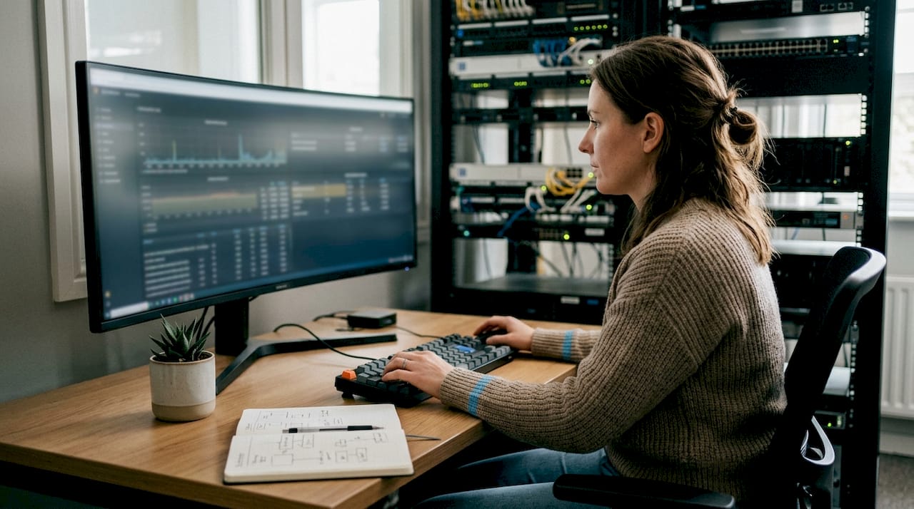 Une femme en train de paramétrer son propre serveur Matrix chez elle