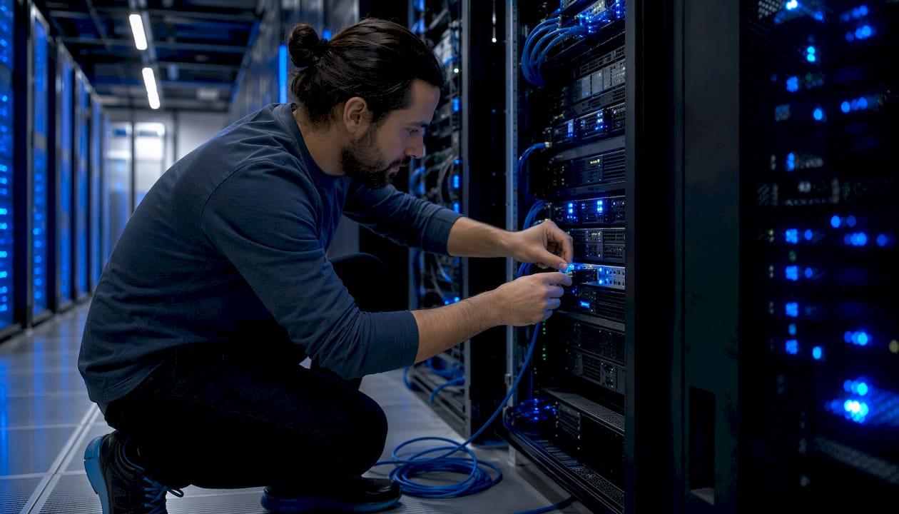 Des mains branchent un câble Ethernet sur un serveur dédié.