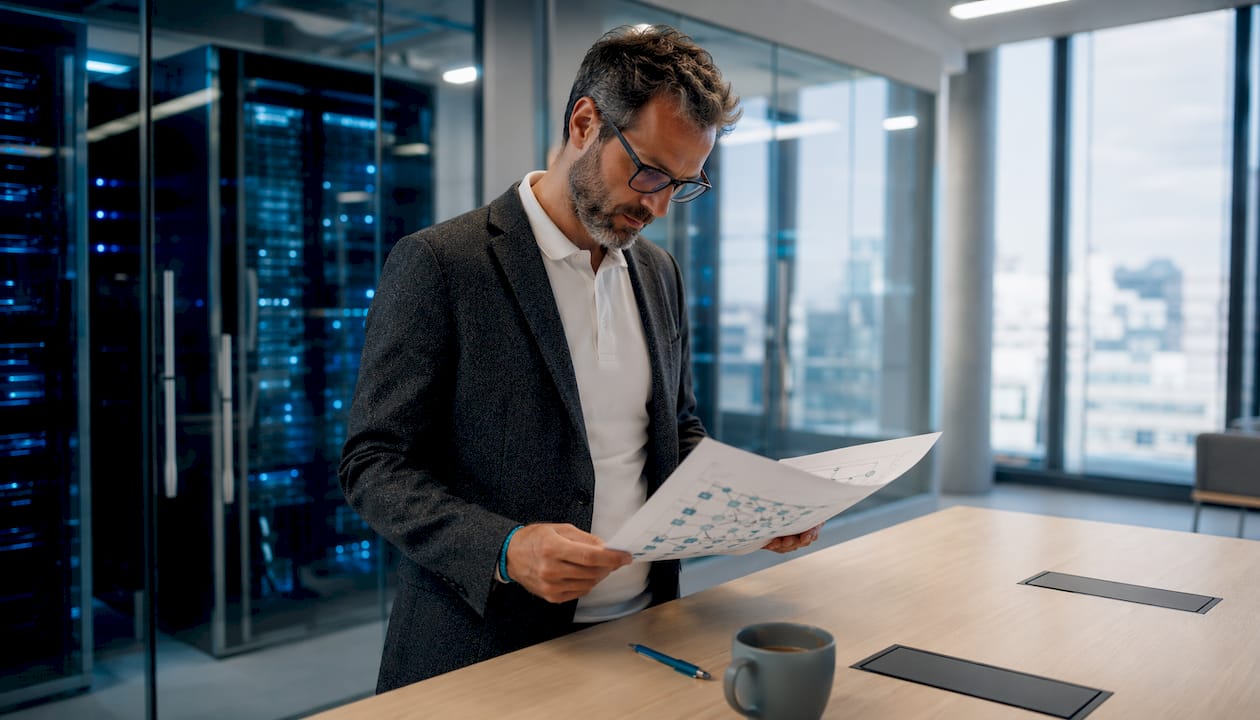 Un responsable informatique examine les différentes offres d’hébergement de données depuis son bureau au sein du datacenter.