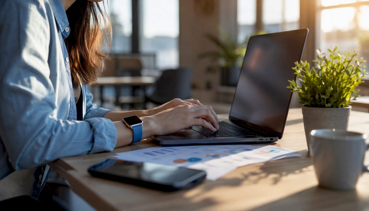 Des mains tapent sur le clavier pendant qu’on compare différentes suites bureautiques.