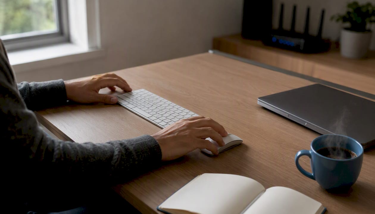 Des mains qui installent soigneusement le clavier et la souris sur le bureau.