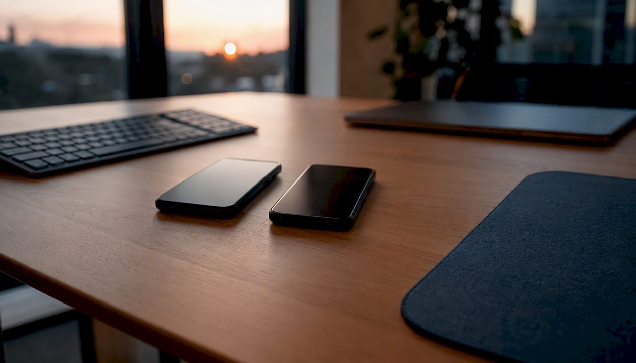 Espace de travail avec deux smartphones illustrant l’utilisation de gestionnaires de mots de passe