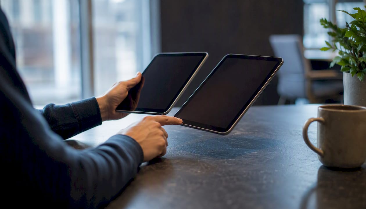 Des mains tiennent deux tablettes, symbolisant le choix entre différentes plateformes.