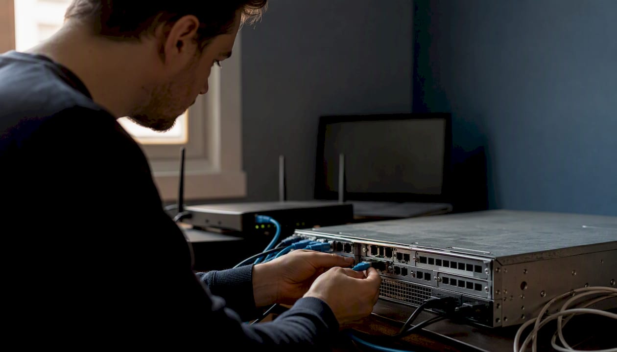 Des mains branchent des câbles Ethernet à un serveur