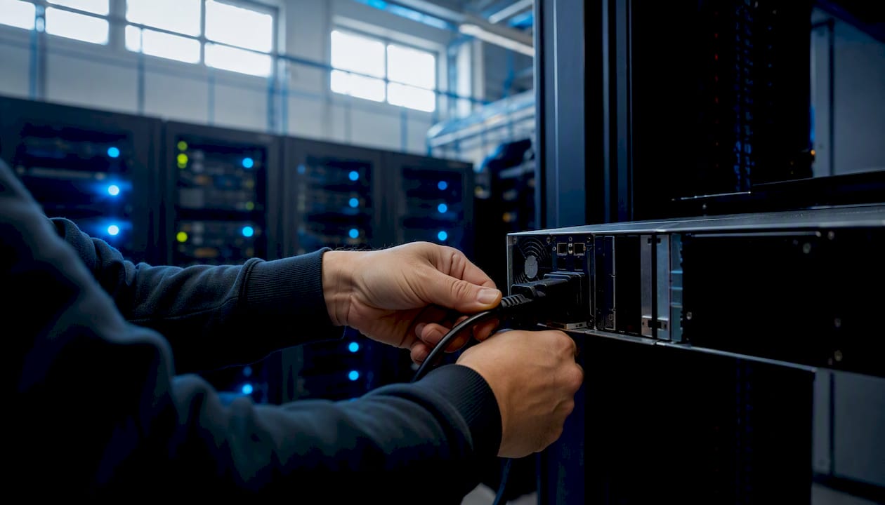 Hands plugging a cable into a server unit in a rack.