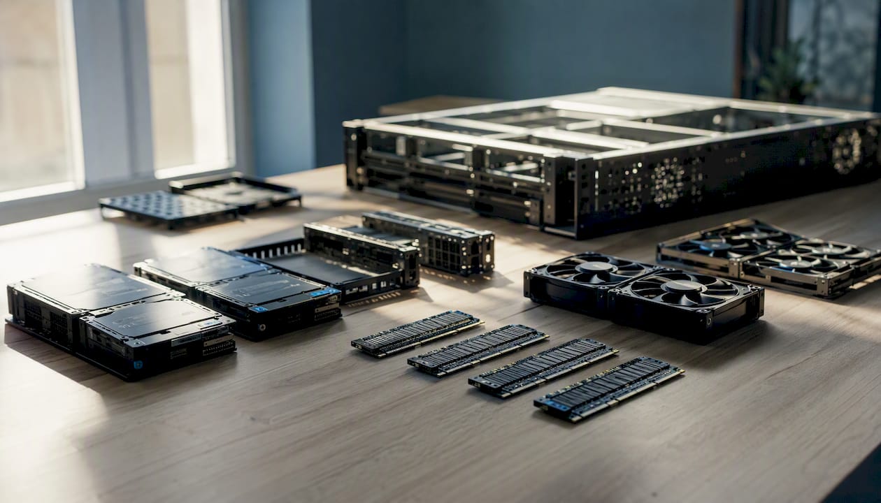Computer server components laid out on a table