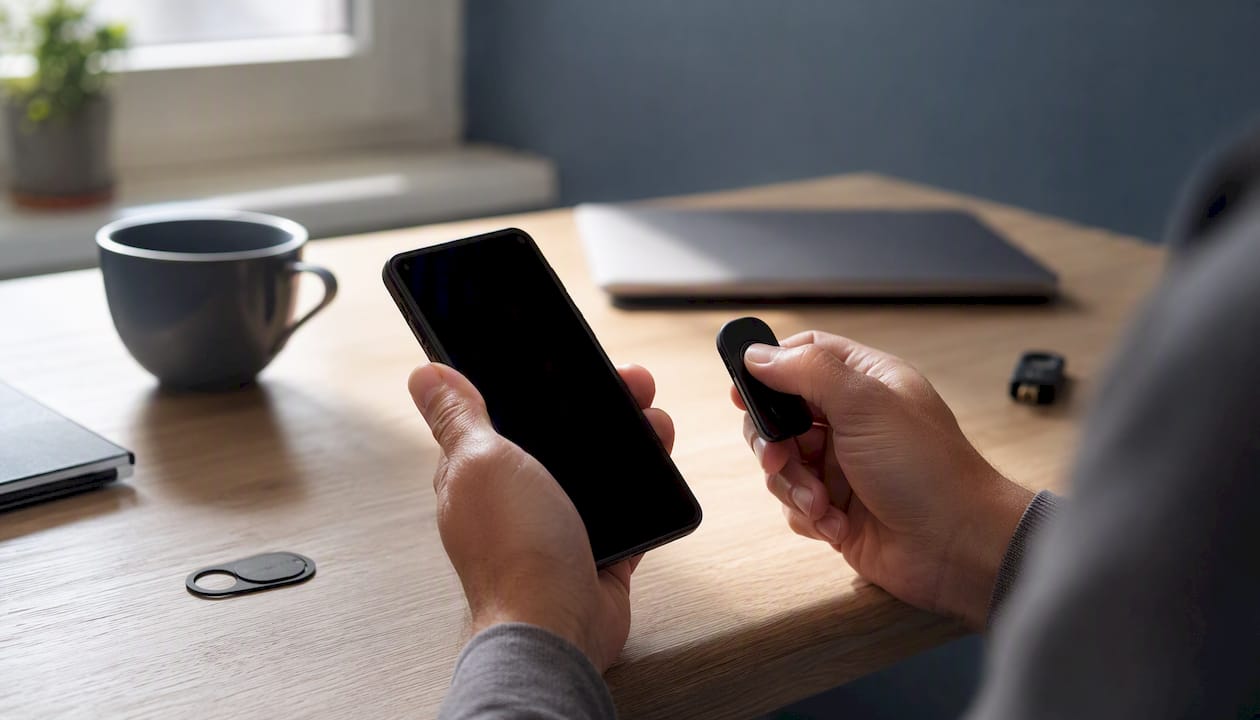 Hands confirming a secure login with two-factor authentication, using both a phone and a security key.