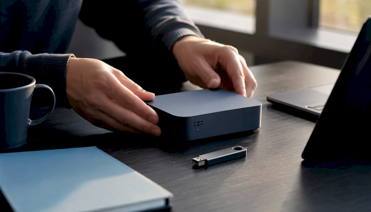 Des mains installent un routeur VPN et un dispositif de sécurité.