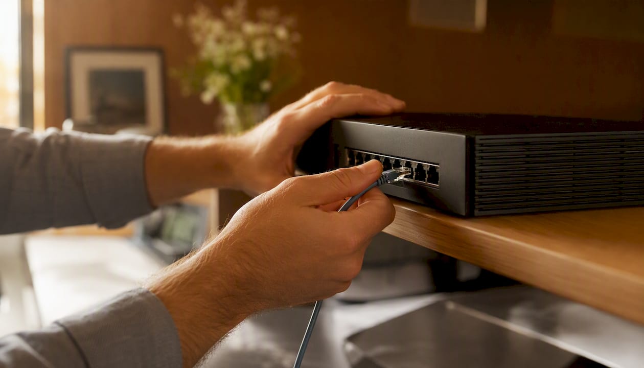 Des mains branchent un câble sur le serveur domestique.