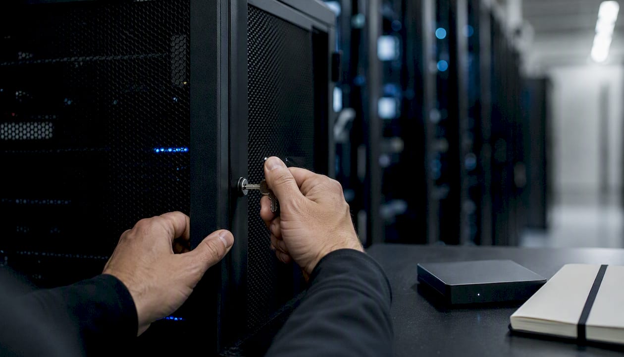 Hands locking the door of a private server cabinet.